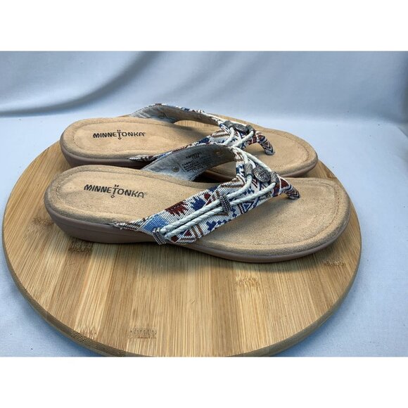 Minnetonka Sandal Size 10 Women’s Silver Bay Sandal Beige Blue Red - Picture 1 of 6